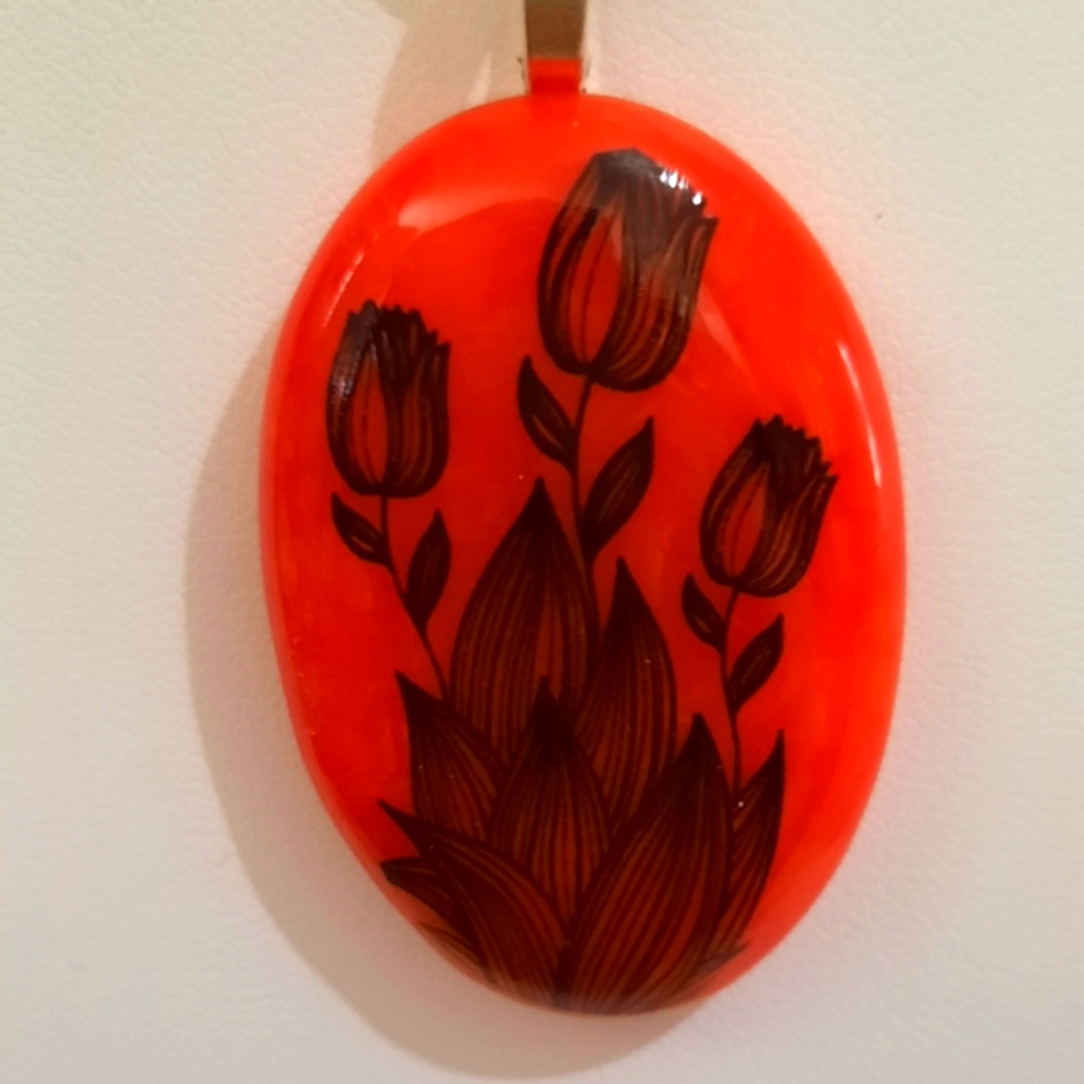 Stained Glass Orange Necklace With Three Flowers & Foliage Black Fused Decal